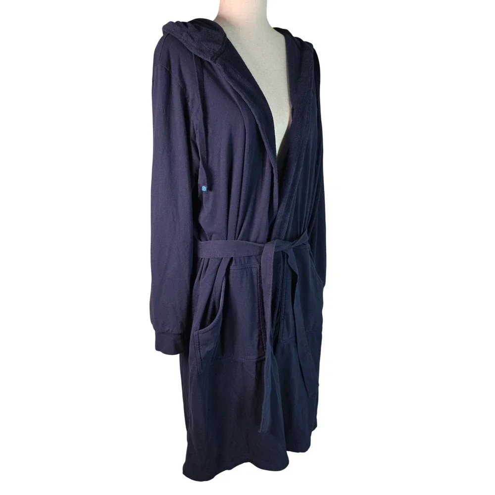 DudeRobe Mens Hooded Bathrobe Navy Blue Towel Lined Jersey Knit Size S/M